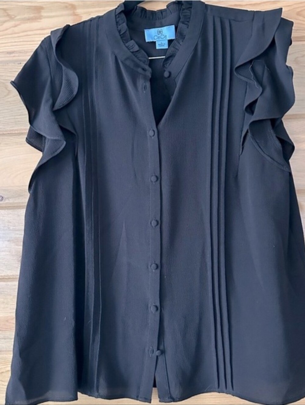 CeCe Black Ruffle Cap-Sleeve Button-Front Blouse - Picture 4 of 5
